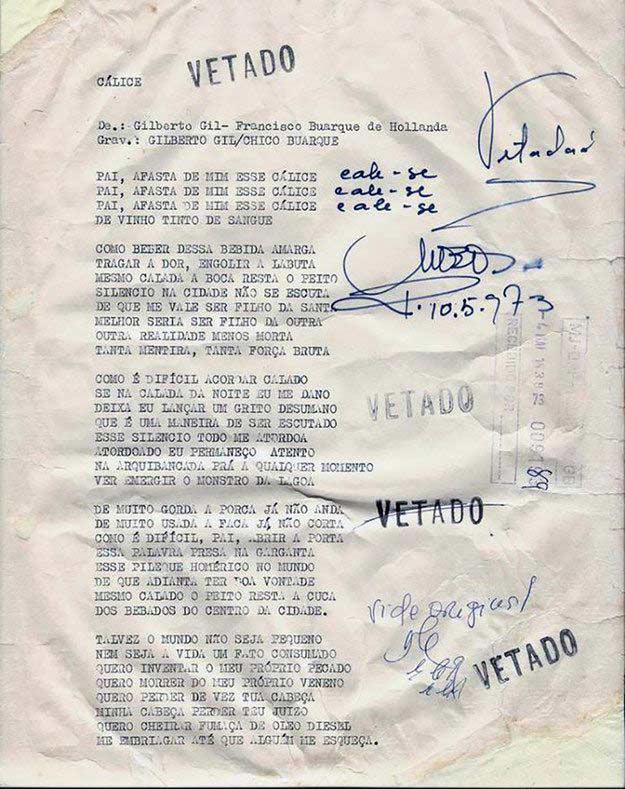 “Cálice”, de Chico Buarque e Gilberto Gil, faixa dois do lado A do disco “Chico Buarque”, de 1978, em dueto com Milton Nascimento